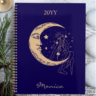 Agenda Mulher celestial lua e estrelas,boho,ouro elegante
