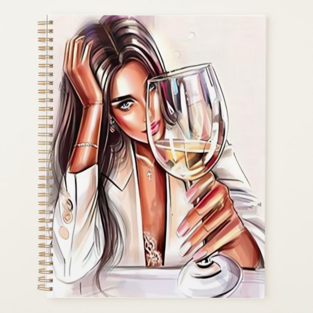 Agenda Mulher Elegante com um Vidro de Planner de Vinho (Frente)