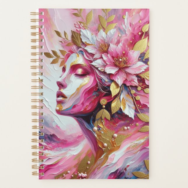 Agenda Mulher elegante, cor-de-rosa e planejadora de ouro (Frente)