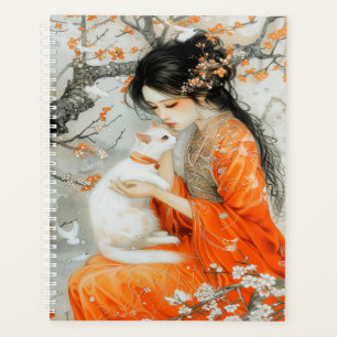 Agenda Mulher em um Kimono Laranja com Gato Branco