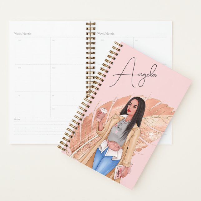 Agenda Mulher Fashionista Pink Dourada Girly Feather (Exibição)