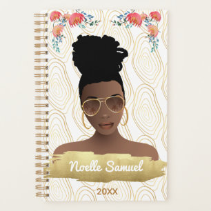 Agenda Mulher Negra, Flores Whimsical Formas Douradas