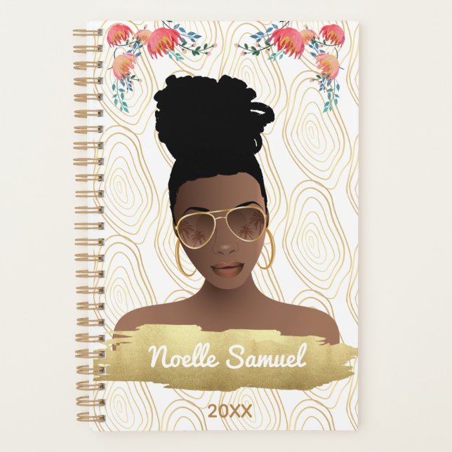 Agenda Mulher Negra, Flores Whimsical Formas Douradas (Frente)