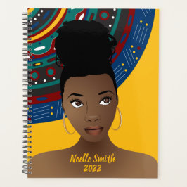 Agenda Mulher Negra, Inspirada Tribal, Azul e Dourada