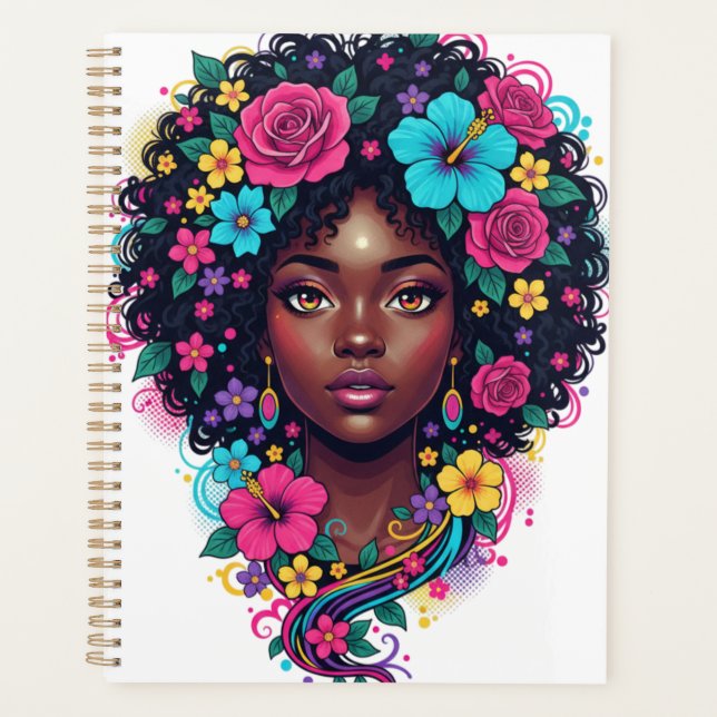 Agenda Mulher Preta Profunda Com Afro Adornado de Flor Br (Frente)