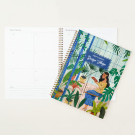 Agenda Mulher tropical na ilustração de leitura em estufa