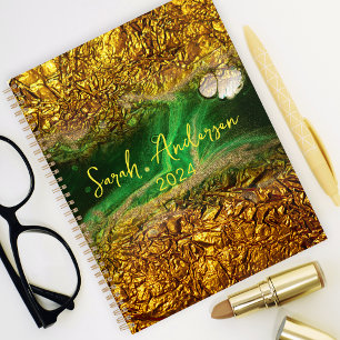 Agenda Na moda Chic Dourado Folha Metálica Ano Verde 2024