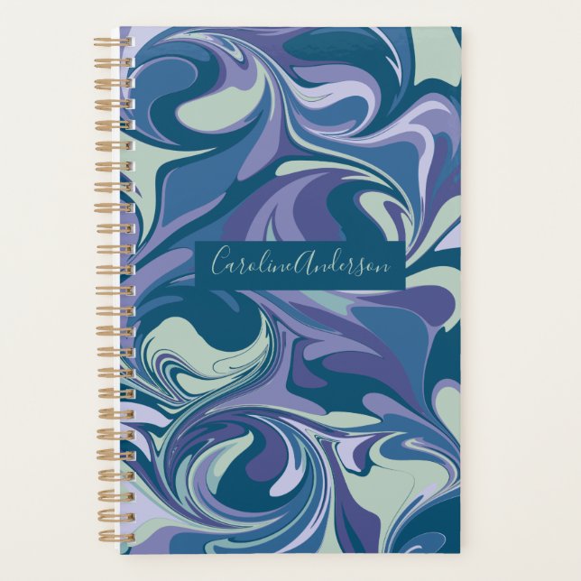 Agenda Na moda de espiral abstrato Azul Marble Personaliz (Frente)