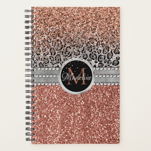 Agenda Na moda Girly Rosa Dourado Glitter Leopard Monogra (Frente)