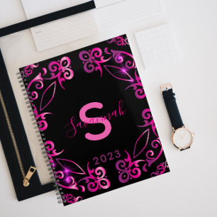 Agenda Na moda Glam Elegante Barroco Negro E Rosa 2023