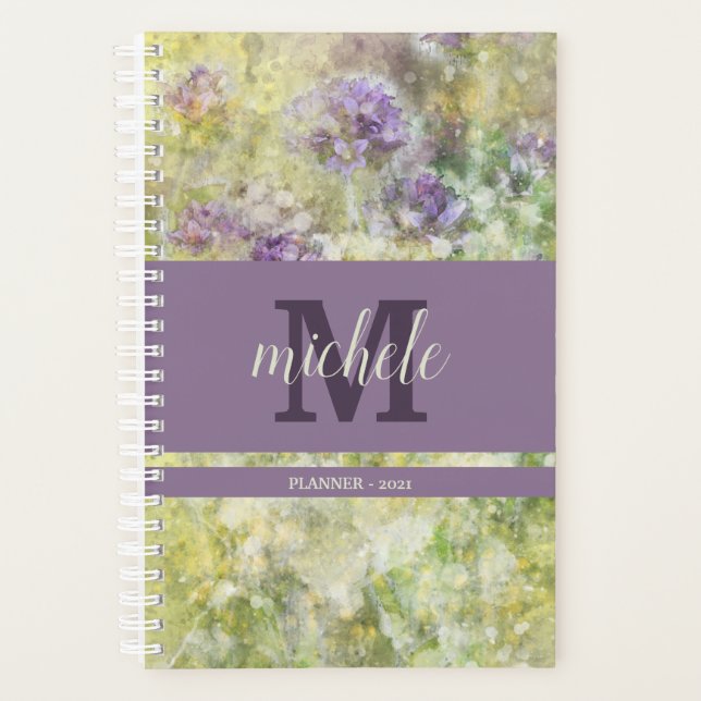 Agenda Na moda Purple Floral Garden Monograma (Frente)