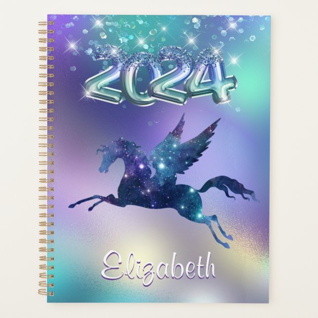 Agenda Na moda Turquoise Rainbow unicorn Glitter 2024 (Frente)