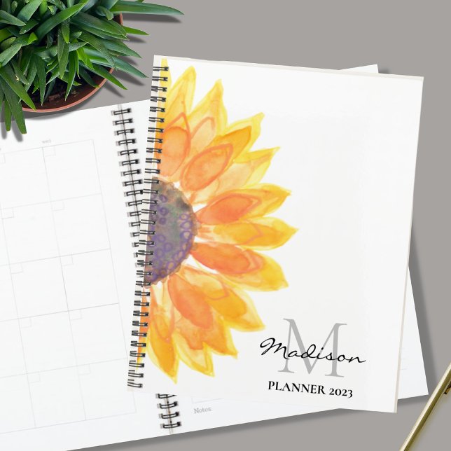 Agenda Name Monogram Watercolor Sunflower (Criador carregado)