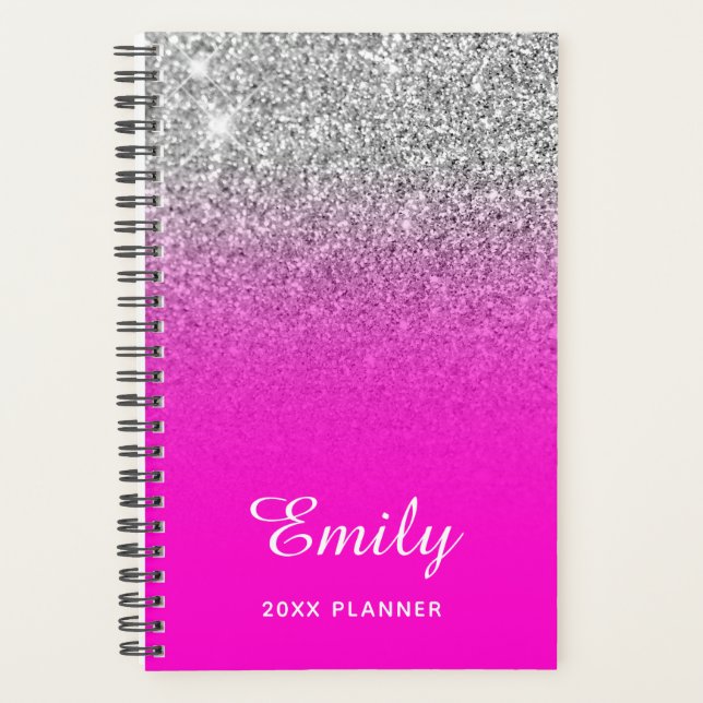 Agenda Neon Pink Silver Glitter Name (Frente)