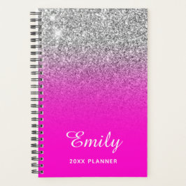 Agenda Neon Rosa Prata Brilho Ombre Nome