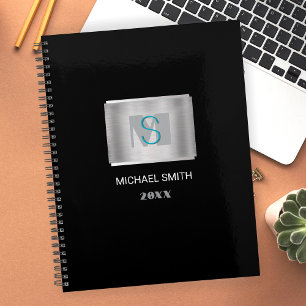 Agenda Nome Branco do Teal & Cinza, Prata do Ano/Preto