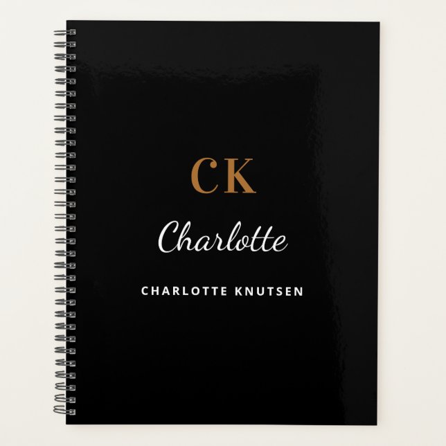 Agenda Nome das iniciais do monograma branco preto (Frente)