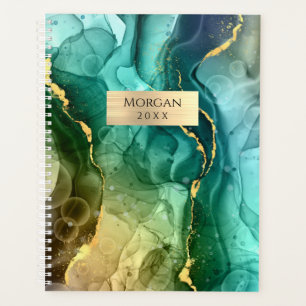 Agenda Nome/Data DIY Abstrato Tinta Azul-Verde/Dourado, P