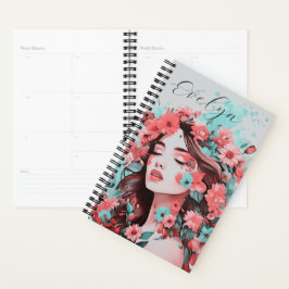 Agenda Nome de Arte Pop de Retrato de Menina com Florais 
