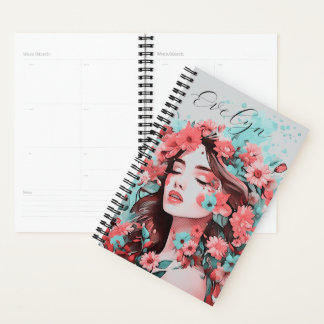 Agenda Nome de Arte Pop de Retrato de Menina com Florais 