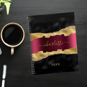 Agenda Nome de mármore preto burgundy gold agate