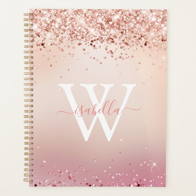Agenda Nome de Script Elegante Glitter Dourado com Rosa m (Frente)