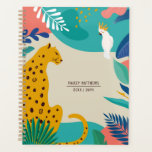 Agenda Nome do Leopardo da Selva Colorida Moderna<br><div class="desc">Este moderno notebook planejador de na moda apresenta um leopardo desenhado pela mão e um pássaro ( cockatiel ), juntamente com folhas da selva e formas artísticas aleatórias. O verso do livro contém um padrão coordenado de folhas tropicais. O esquema de cores consiste em bronzeado claro, aqua / chato, azul,...</div>