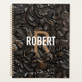 Agenda Nome do monograma de couro cabeludo castanho-escur