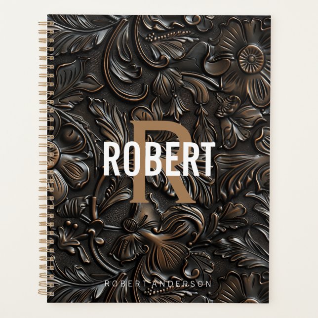 Agenda Nome do monograma de couro cabeludo castanho-escur (Frente)