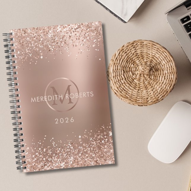 Agenda Nome do Monograma do Litter Dourado rosa 2026 (Rose Gold Foil Blush Glitter Monogram Name Personalized 2026 Planner)