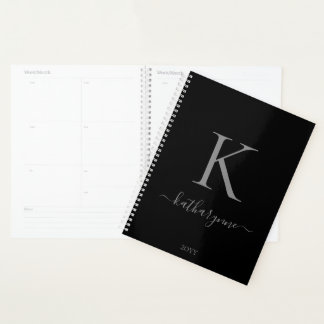 Agenda Nome do Monograma do Prata Preto Elegante