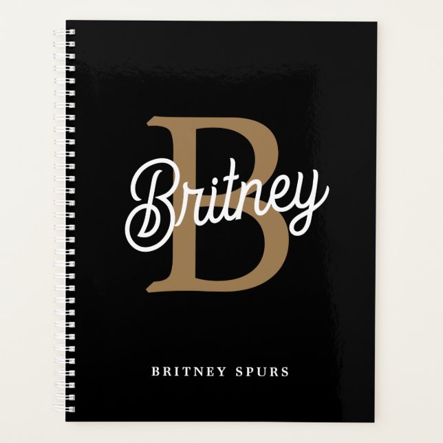 Agenda Nome do Monograma Elegante Moderno Script Dourado  (Frente)