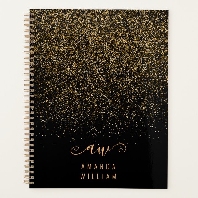 Agenda Nome do Monograma Glitter Glitter Dourado Elegante (Frente)