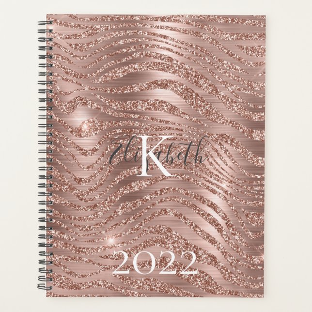 Agenda Nome do Monograma Rosa Dourado Glitter Impressão A (Frente)