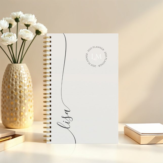 Agenda Nome do Script de Iniciais do Monograma Mínimo Ele (Elegant Minimal Monogram Initials Script Name Planner (Front))