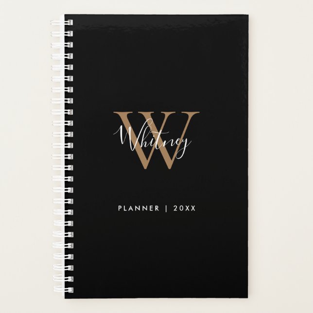 Agenda Nome do Script Dourado Preto Moderno Monograma 202 (Frente)
