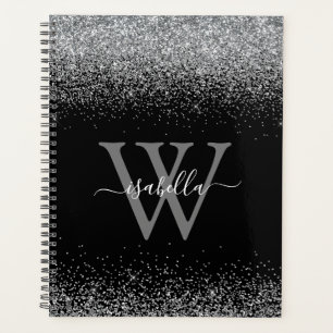 Agenda Nome do Script Elegante da Glitter Preta do Sliver