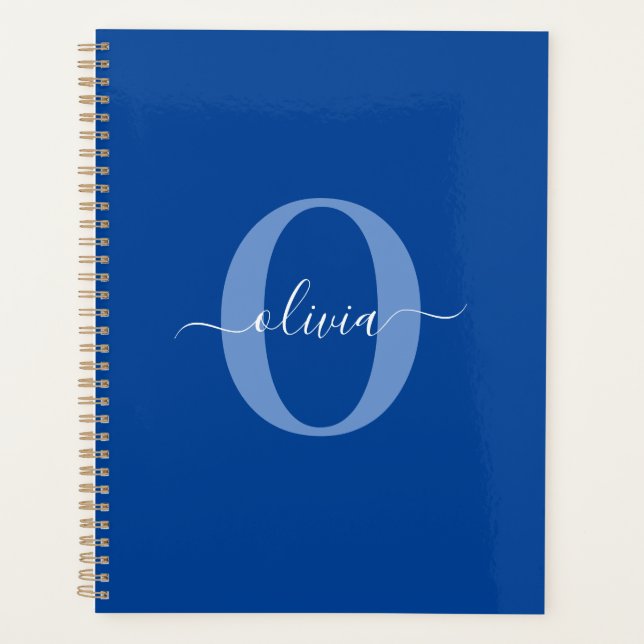 Agenda Nome do Script Monograma Personalizado Branco Azul (Frente)