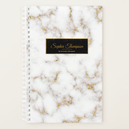 Agenda Nome Dourado de Mármore Branco Elegante Moderno -