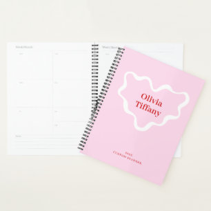 Agenda Nome e Ano Personalizados Rosa e Vermelho Mínimo
