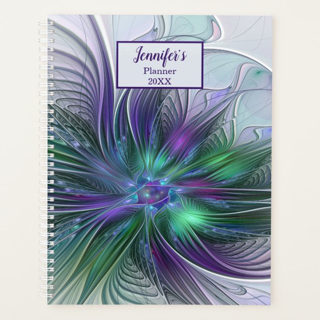 Agenda Nome Fractal Abstrato da Flor Verde Roxo (Frente)