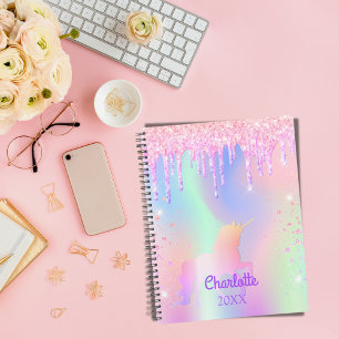 Agenda Nome ouro do rosa do arco-íris cor-de-rosa Unicorn