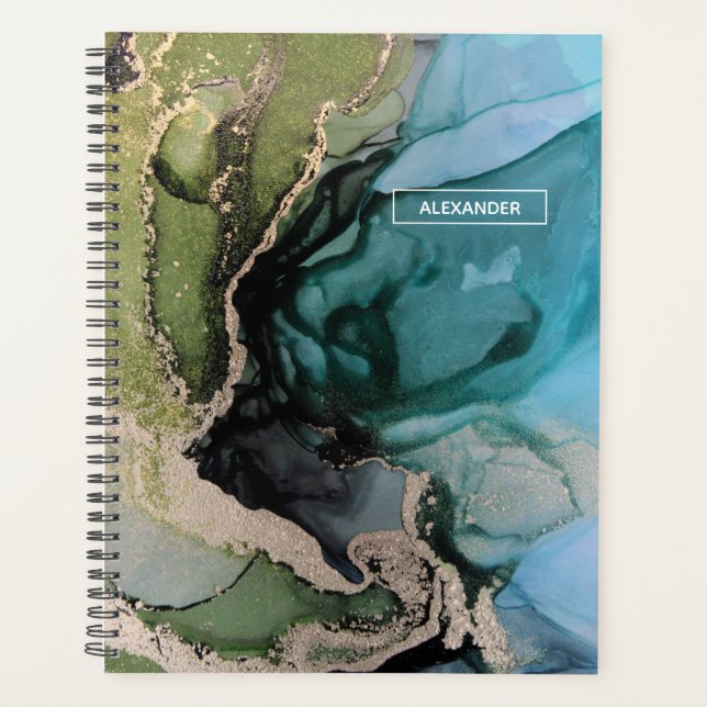 Agenda Nome personalizado Black Teal Green Abstrato Art D (Frente)