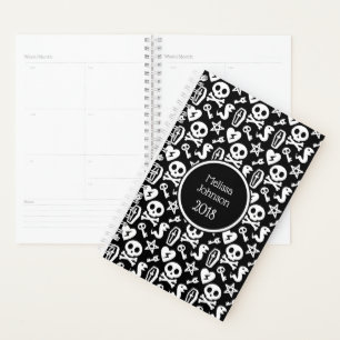 Agenda Nome Personalizado com Padrão de Caveira Fofa Pret