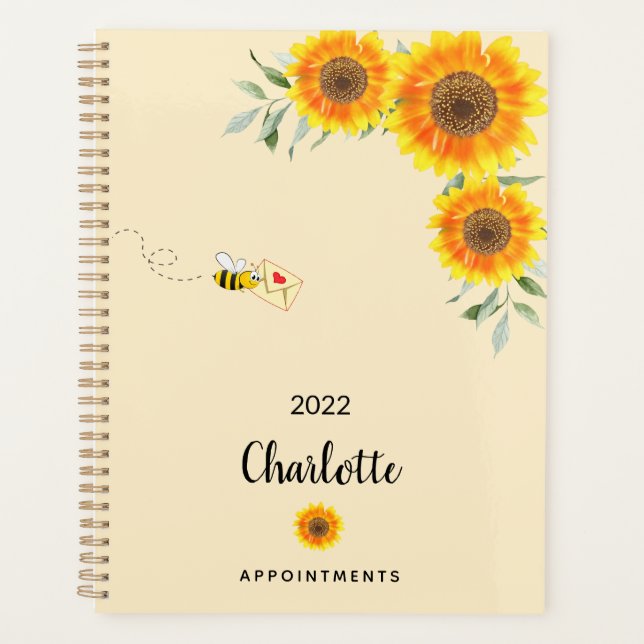 Agenda Nome personalizado das abelhas amarelo sunflores (Frente)