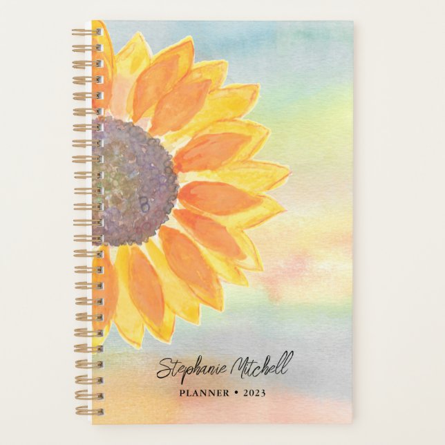 Agenda Nome personalizado de girassol Aquarela (Frente)