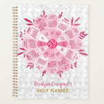 Agenda Nome Personalizado do Flor Rosa Rosa de Boho Único<br><div class="desc">Acompanhe a data em 2025 com este lindo e personalizado planejador de calendário. O design único forma uma flor, com os meses civis em círculo nas pétalas. Combina um olhar hippie-boêmico retrô com cores modernas e uma fronteira de mármore tradicional. As cores são todos tons de rosa, cinza e branco....</div>