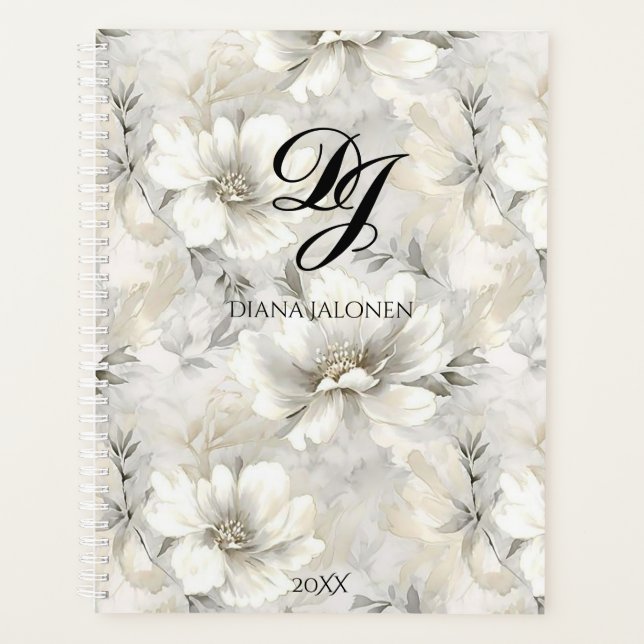 Agenda Nome Personalizado do Monograma das Flores Brancas (Frente)