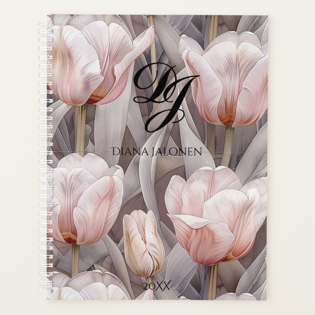 Agenda Nome Personalizado do Monograma de Flores Rosa Ele (Frente)