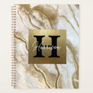 Agenda Nome Personalizado do Monograma do Marble Branco e